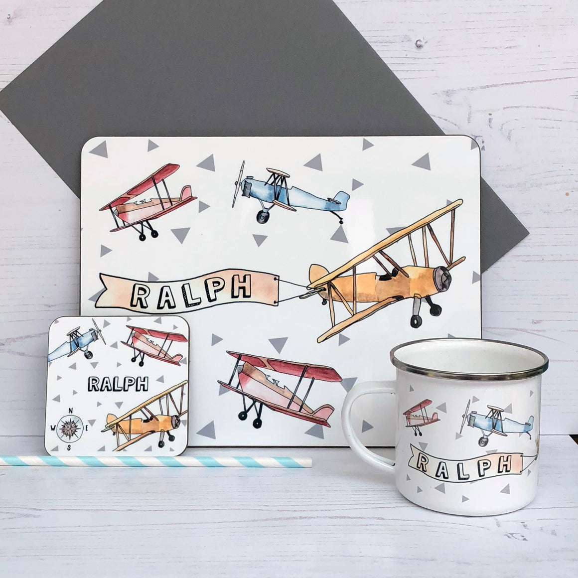 Aeroplane Placemat, Coaster & Enamel Gift Set