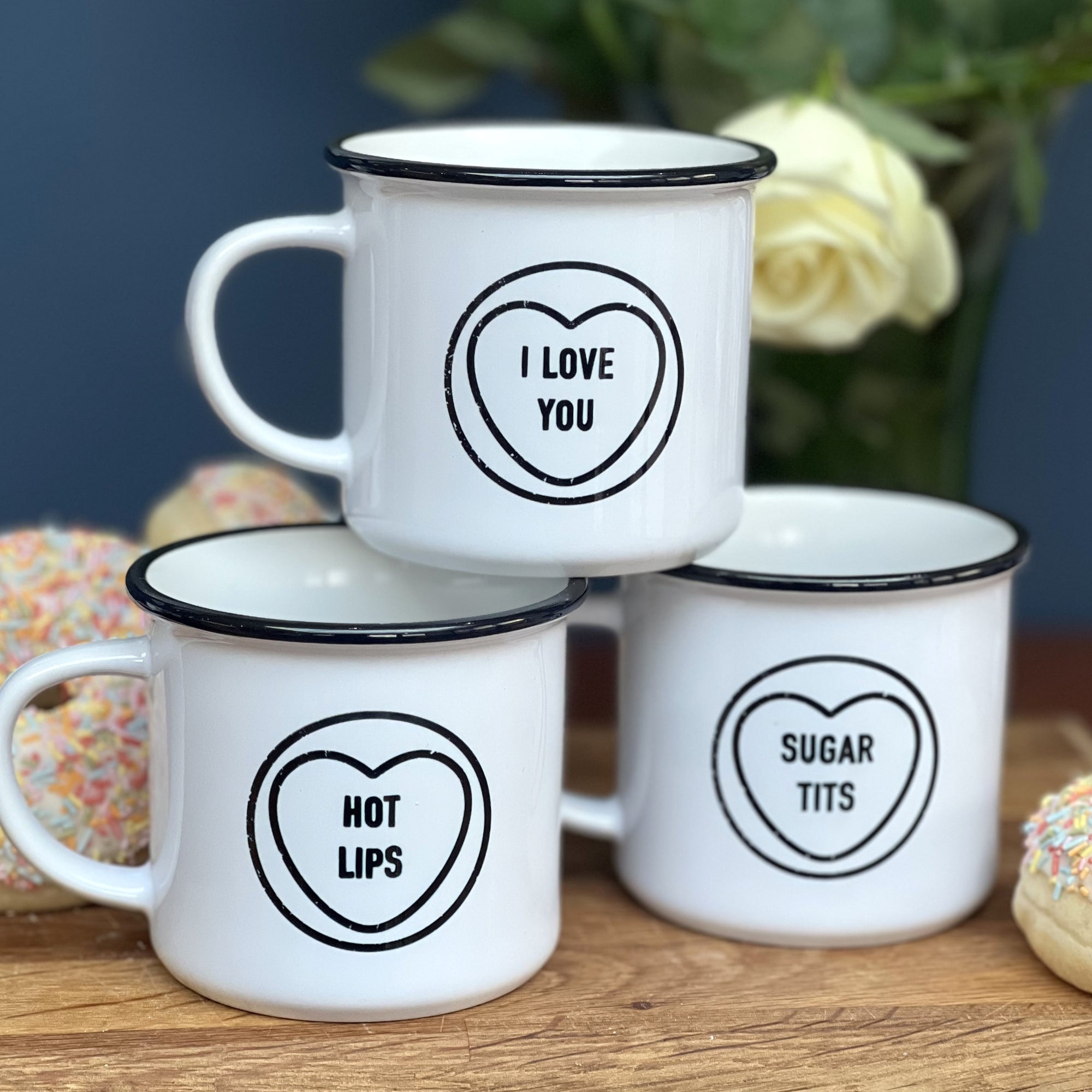 3 x china Love Heart Mugs B&W design