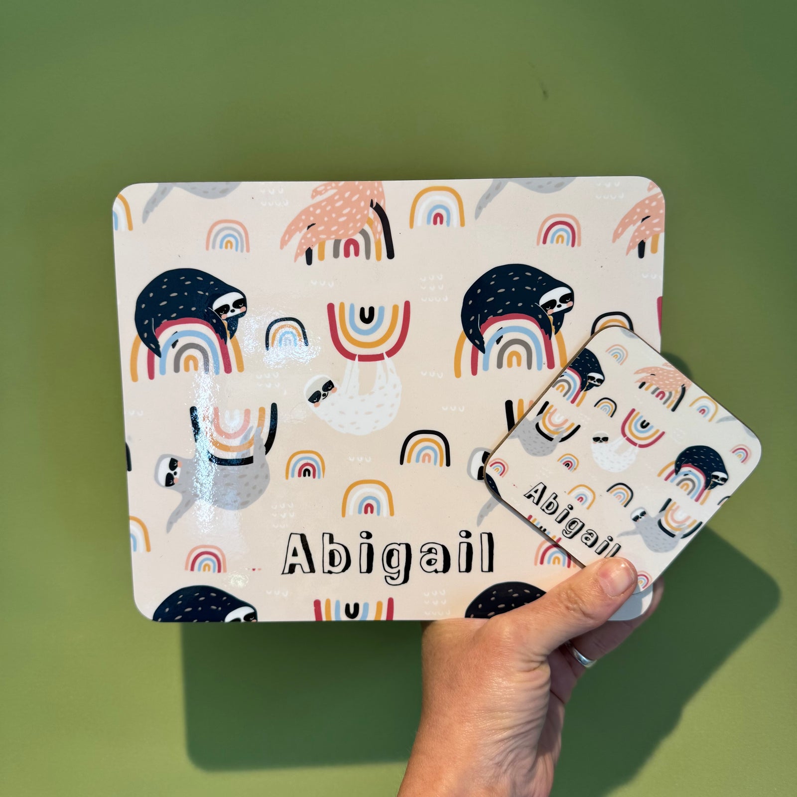 ABIGAIL - Sloths and Rainbows placemat & matching coaster