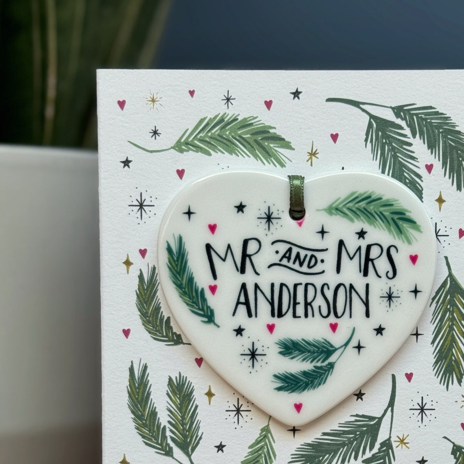 Personalised Winter Wedding or Anniversary Card with Ceramic Heart Keepsake