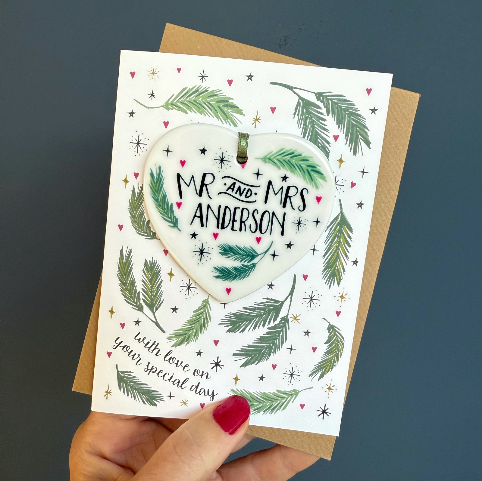 Personalised Winter Wedding or Anniversary Card with Ceramic Heart Keepsake