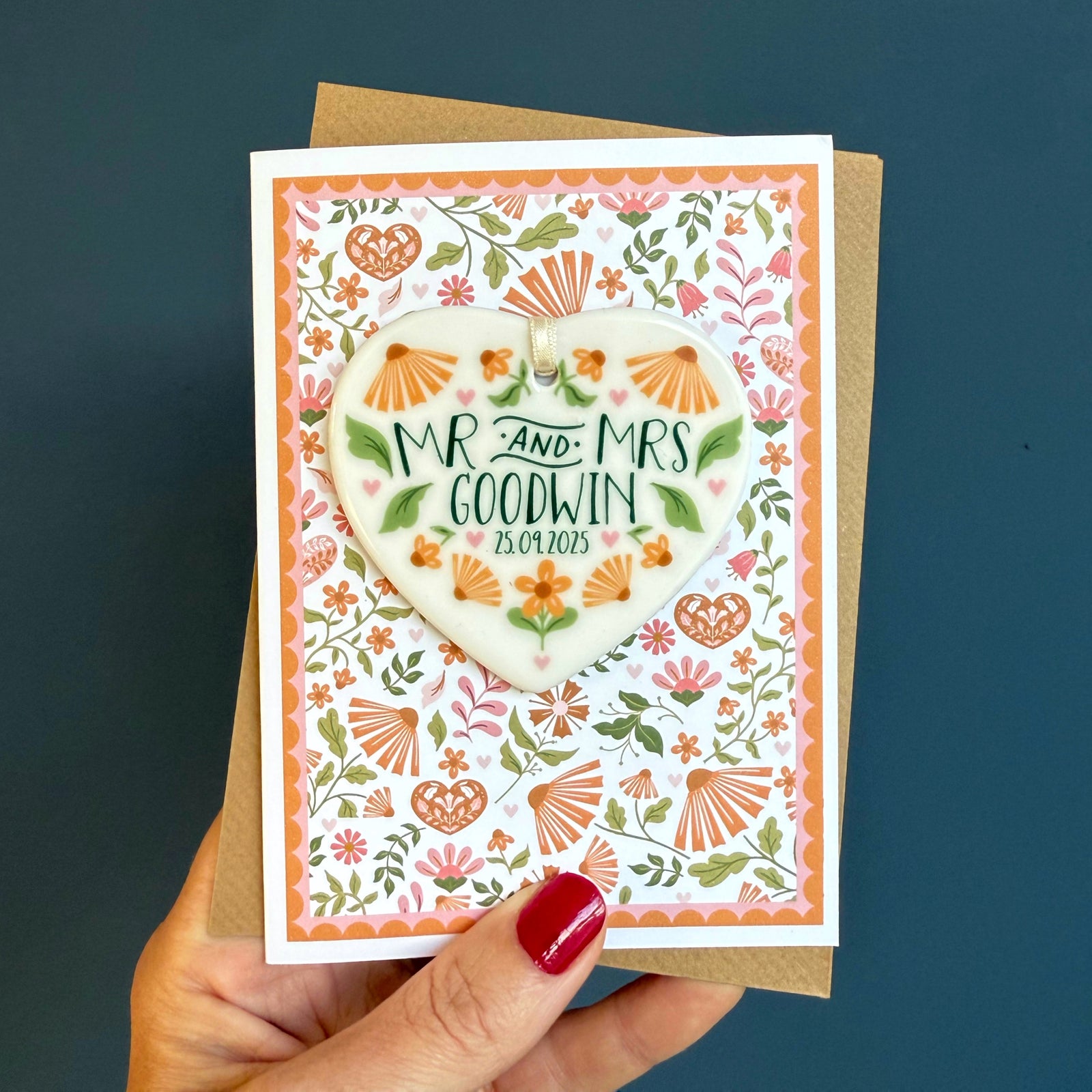 Orange Wedding Card with Ceramic Heart Keepsake in Burnt Orange & Sage Floral Design