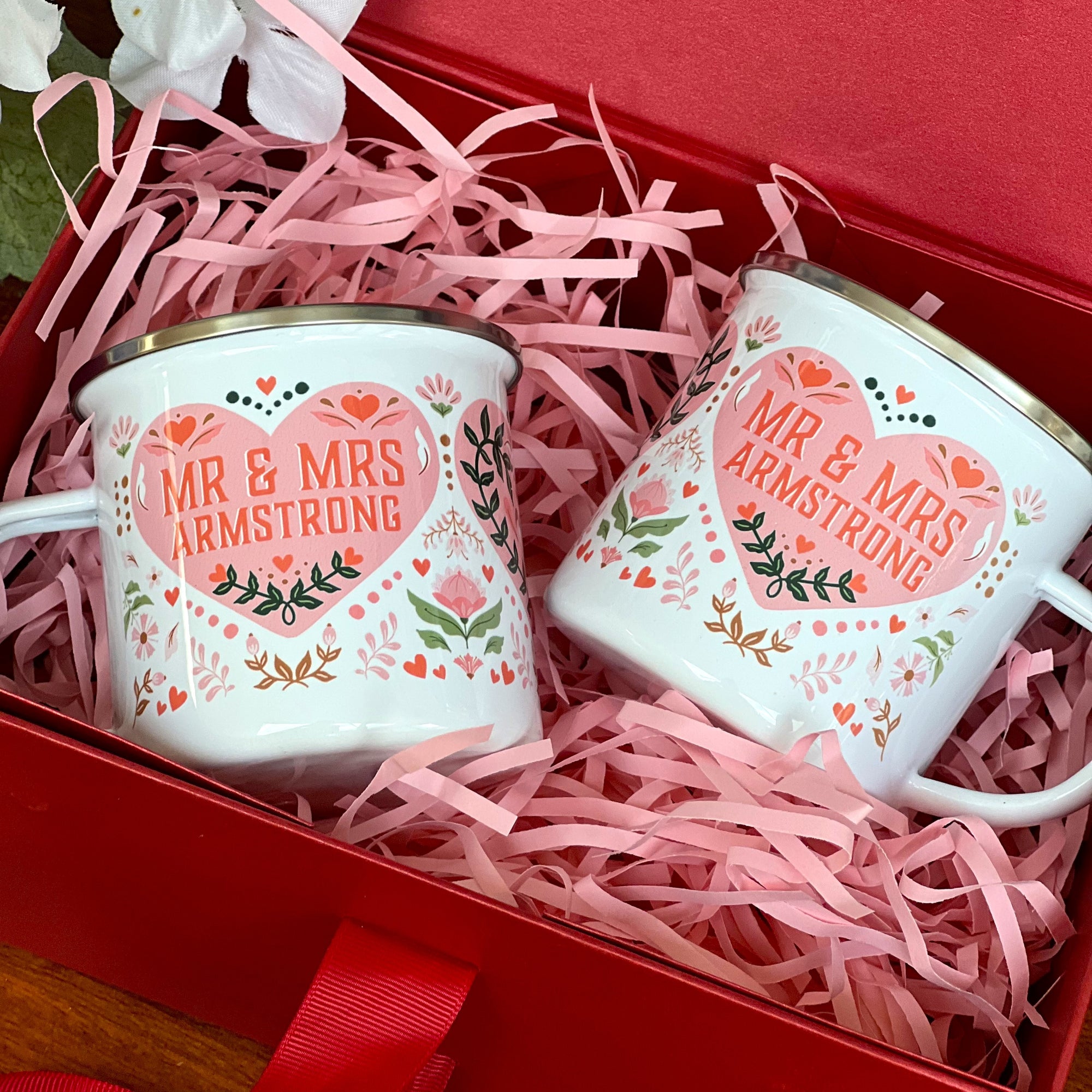 Pair Of Red And Pink Enamel Mugs For Couple