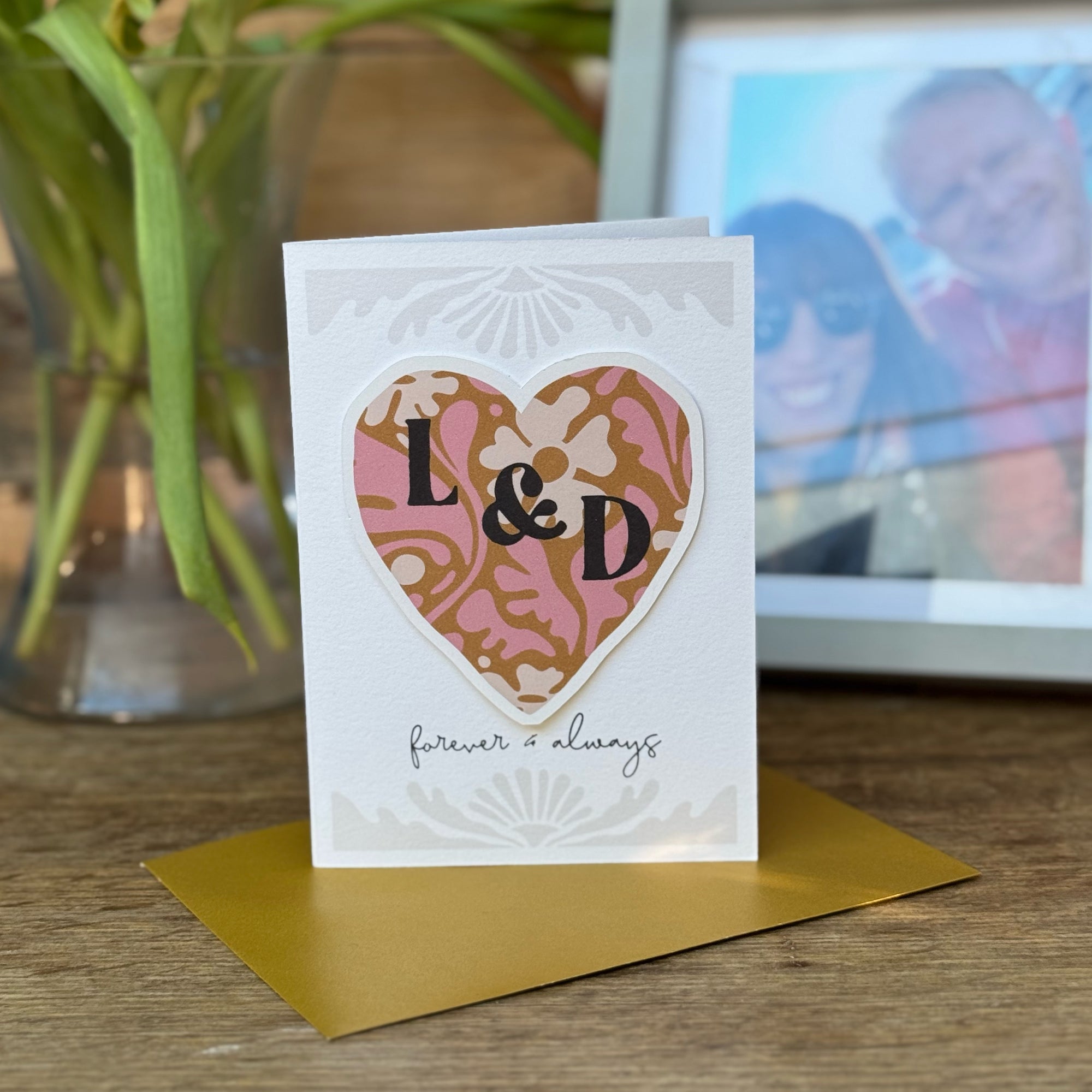 Couples Initials Greeting Card With a 3D Heart For Valentines, Anniversary Or Wedding