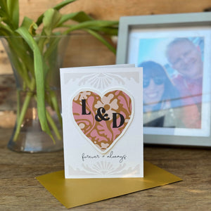 Couples Initials Greeting Card With a 3D Heart For Valentines, Anniversary Or Wedding