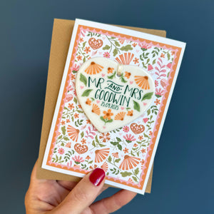 Orange Wedding Card with Ceramic Heart Keepsake in Burnt Orange & Sage Floral Design