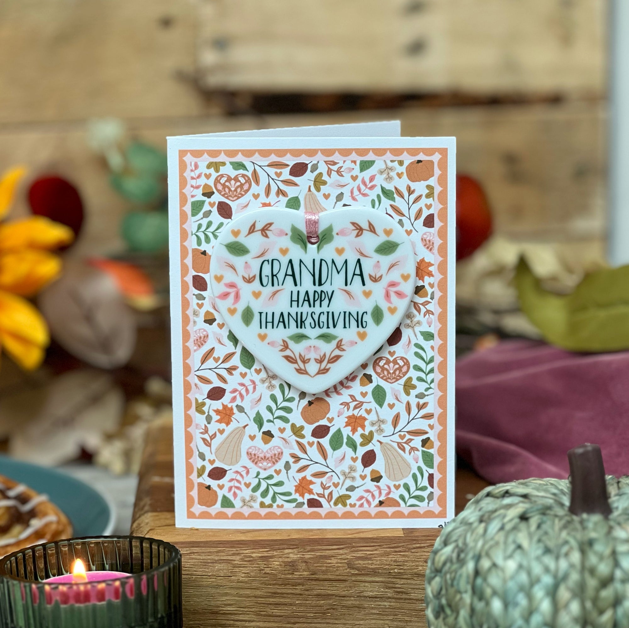 Luxury Folksy Thanksgiving Card With Heart Ceramic Keepsake - Floral Folksy Design - Luxury Hanging Ceramic Keepsake