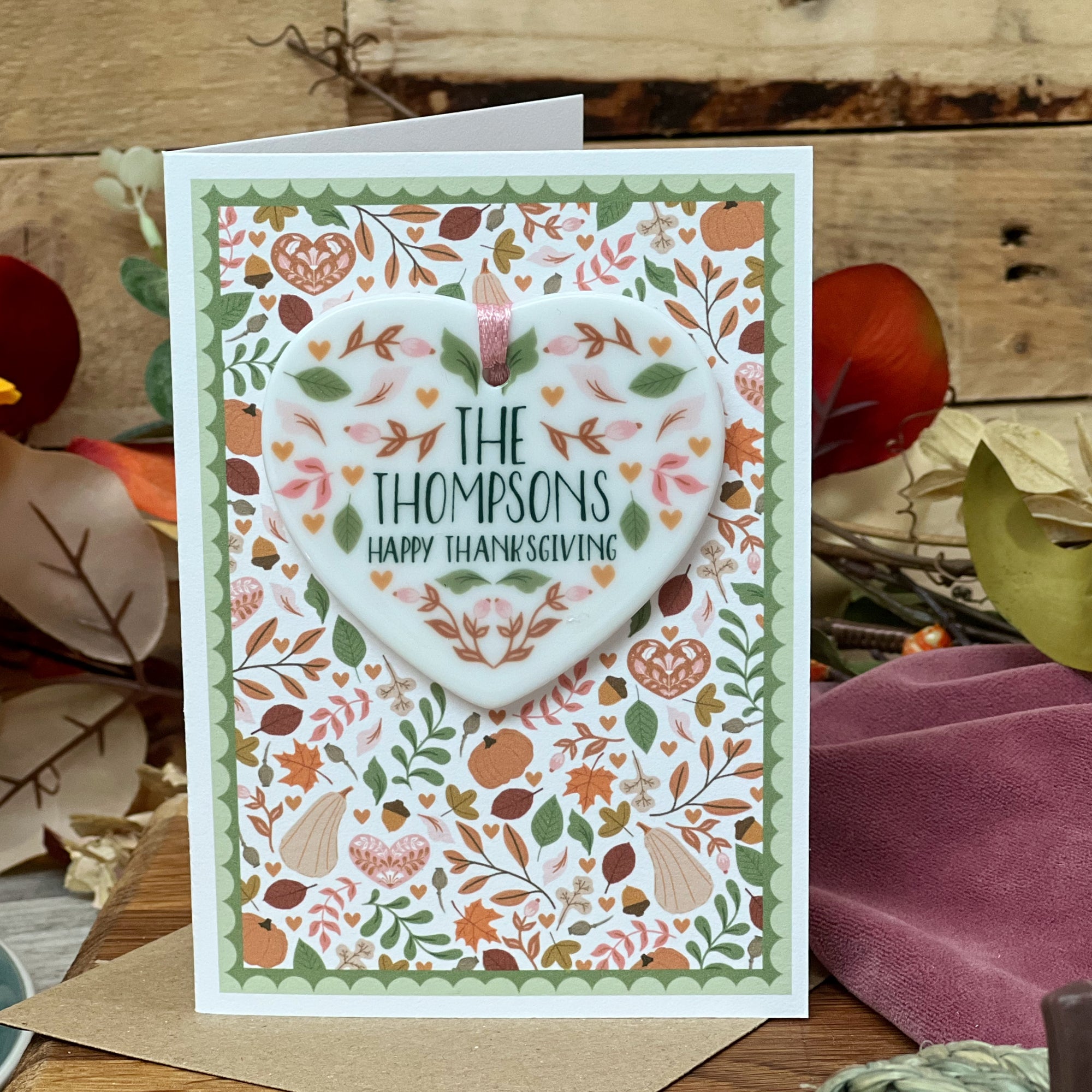 Luxury Folksy Thanksgiving Card With Heart Ceramic Keepsake - Floral Folksy Design - Luxury Hanging Ceramic Keepsake