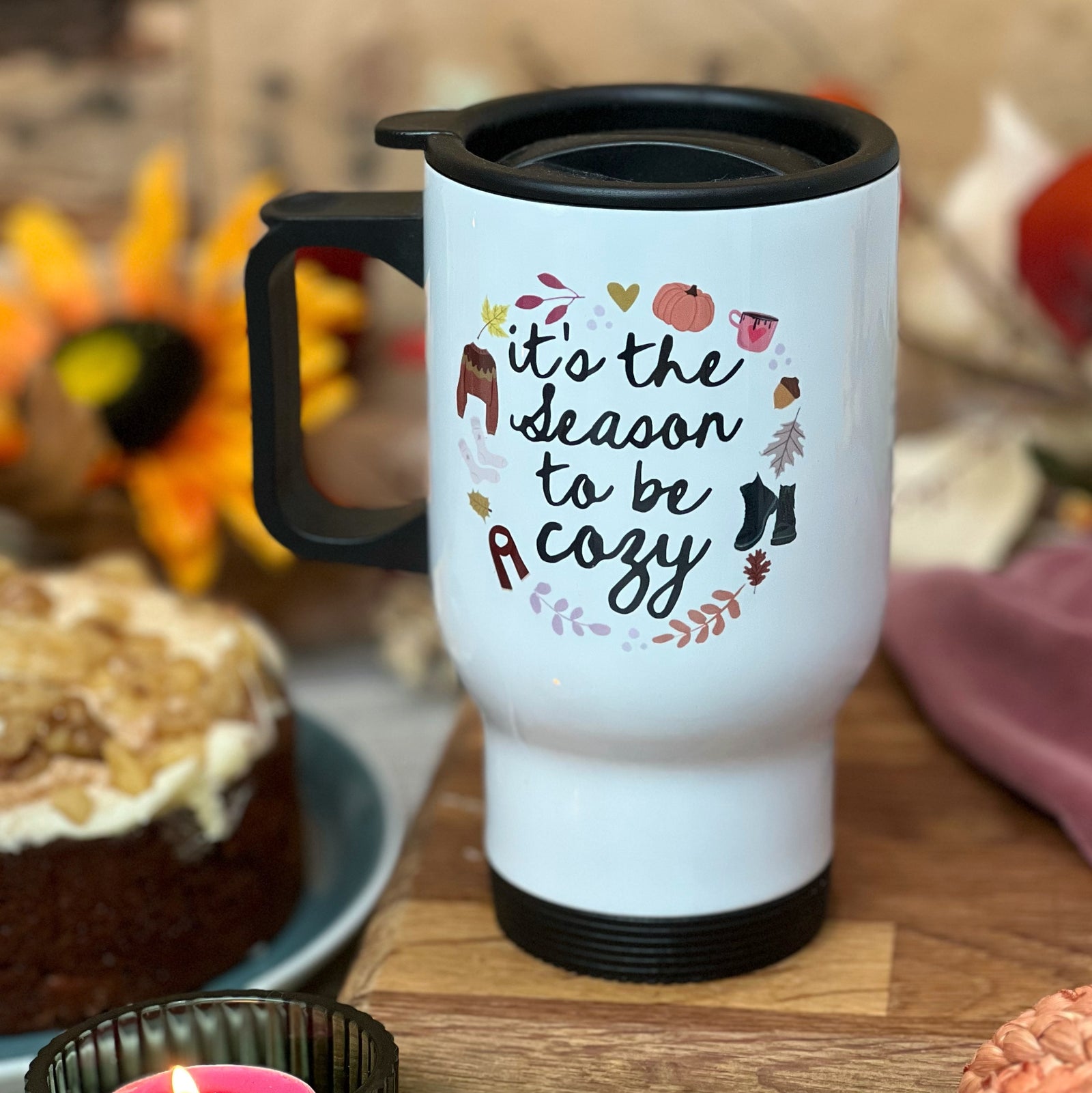 Autumn / Fall / Thanksgiving Travel Mug - Insulated cup - Fall - Autumn - It's the season to be cozy - it's the season to be cosy