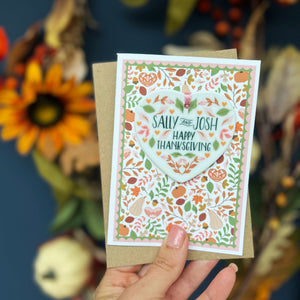 Luxury Folksy Thanksgiving Card With Heart Ceramic Keepsake - Floral Folksy Design - Luxury Hanging Ceramic Keepsake