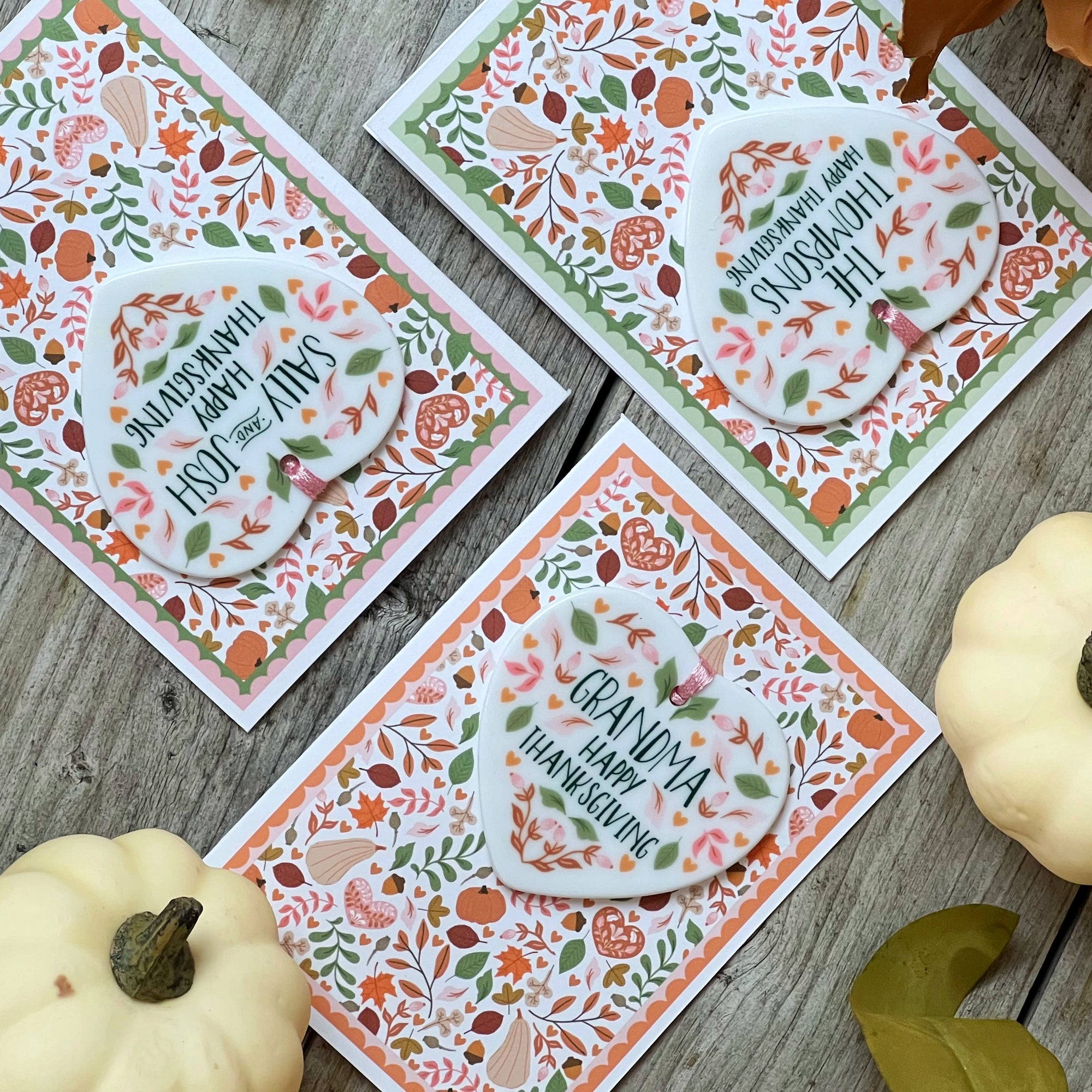 Luxury Folksy Thanksgiving Card With Heart Ceramic Keepsake - Floral Folksy Design - Luxury Hanging Ceramic Keepsake