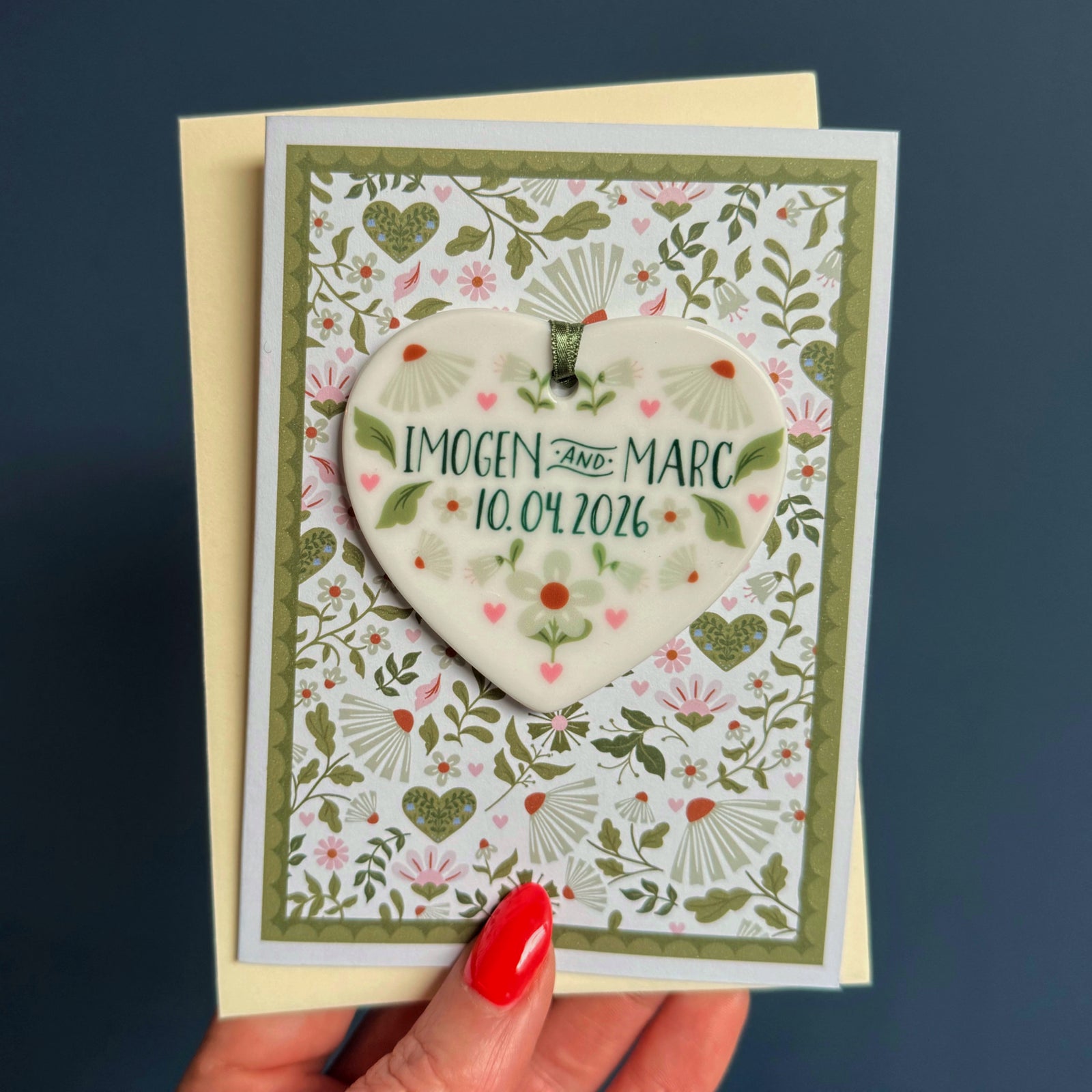 Green Wedding Card with Ceramic Heart Keepsake - Hendog Designs