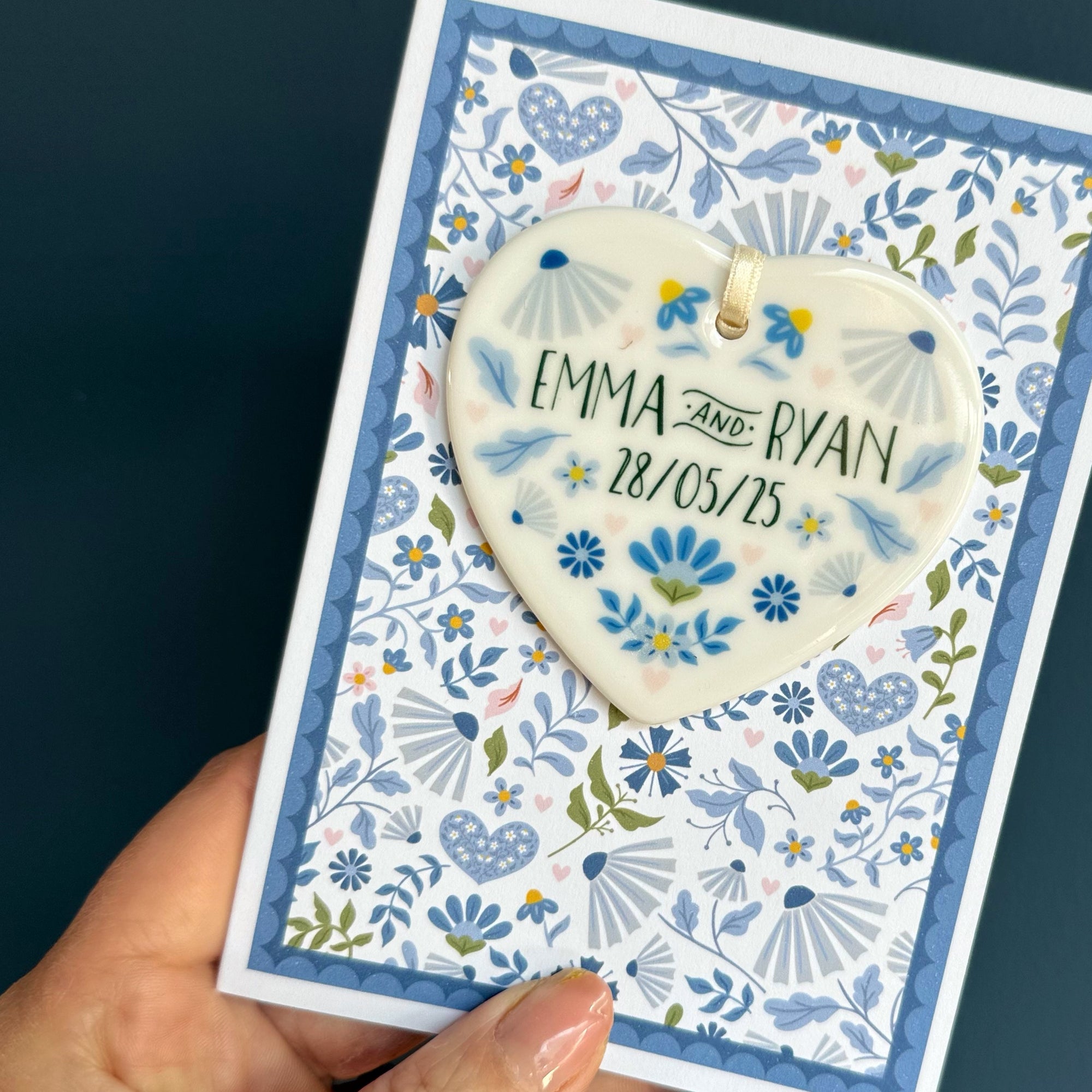 Luxury Blue Folksy Wedding Card With Ceramic Heart Keepsake - Greek / Mediterranean