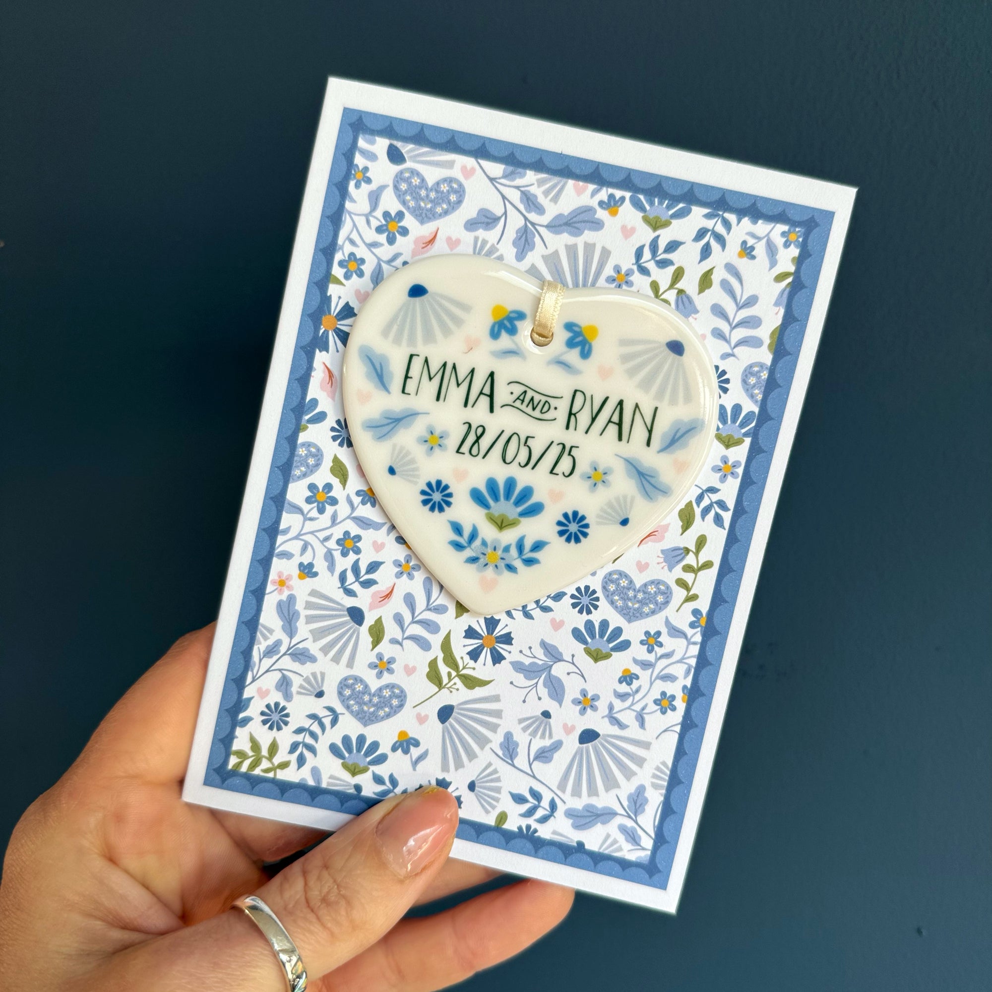 Luxury Blue Folksy Wedding Card With Ceramic Heart Keepsake - Greek / Mediterranean