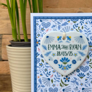 Luxury Blue Folksy Wedding Card With Ceramic Heart Keepsake - Greek / Mediterranean