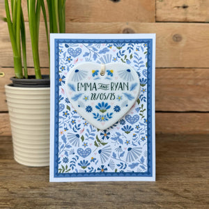 Luxury Blue Folksy Wedding Card With Ceramic Heart Keepsake - Greek / Mediterranean