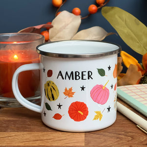 Personalised Fall / Autumn / Thanksgiving Enamel Mug - Personalised Mug - Pumpkin Enamel Mug - Halloween Mug - Thanksgiving Mug