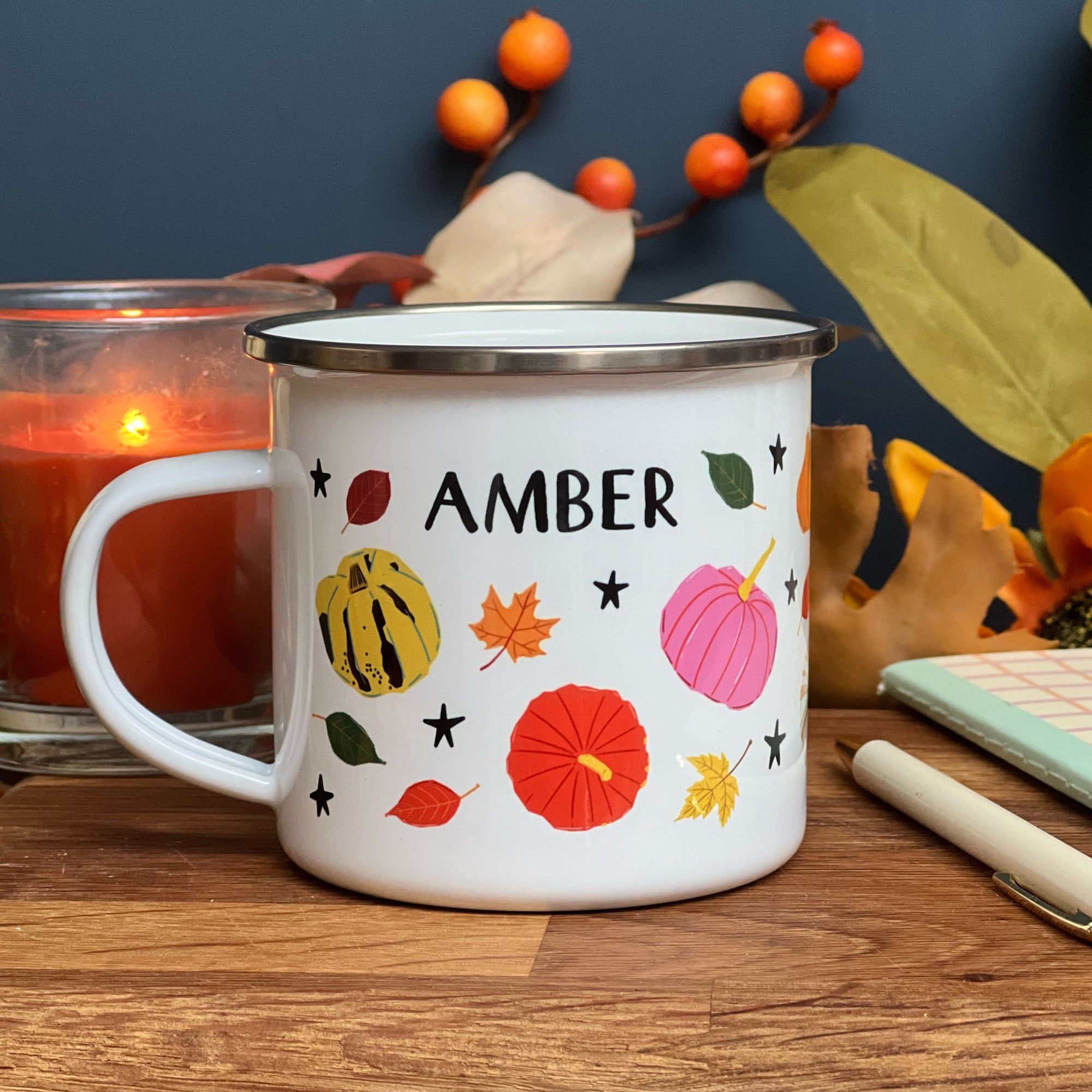 Personalised Fall / Autumn / Thanksgiving Enamel Mug - Personalised Mug - Pumpkin Enamel Mug - Halloween Mug - Thanksgiving Mug