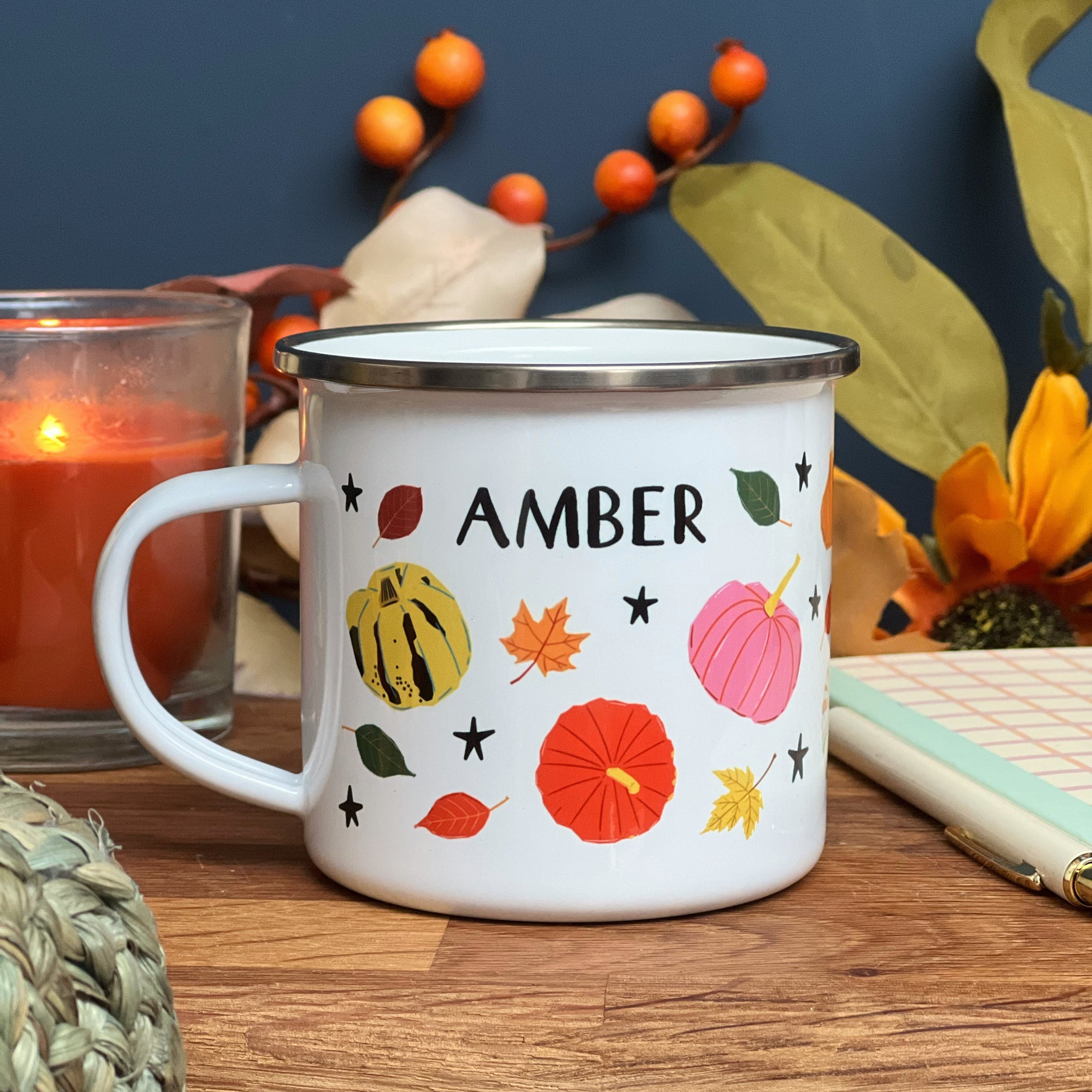 Personalised Fall / Autumn / Thanksgiving Enamel Mug - Personalised Mug - Pumpkin Enamel Mug - Halloween Mug - Thanksgiving Mug