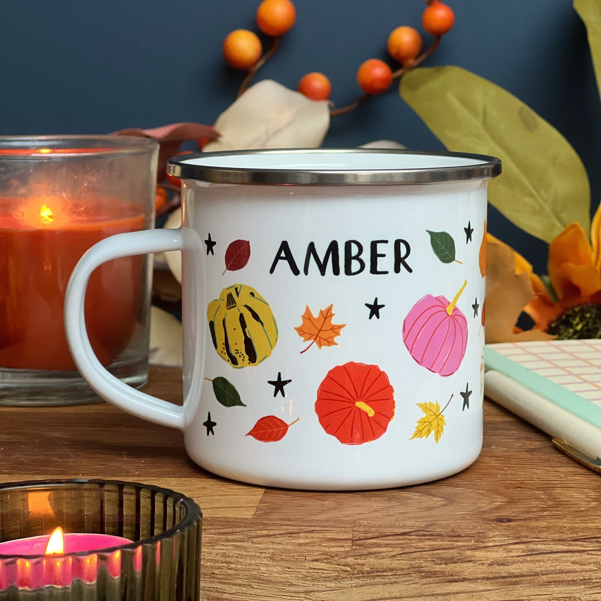 Personalised Fall / Autumn / Thanksgiving Enamel Mug - Personalised Mug - Pumpkin Enamel Mug - Halloween Mug - Thanksgiving Mug