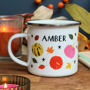 Personalised Fall / Autumn / Thanksgiving Enamel Mug - Personalised Mug - Pumpkin Enamel Mug - Halloween Mug - Thanksgiving Mug