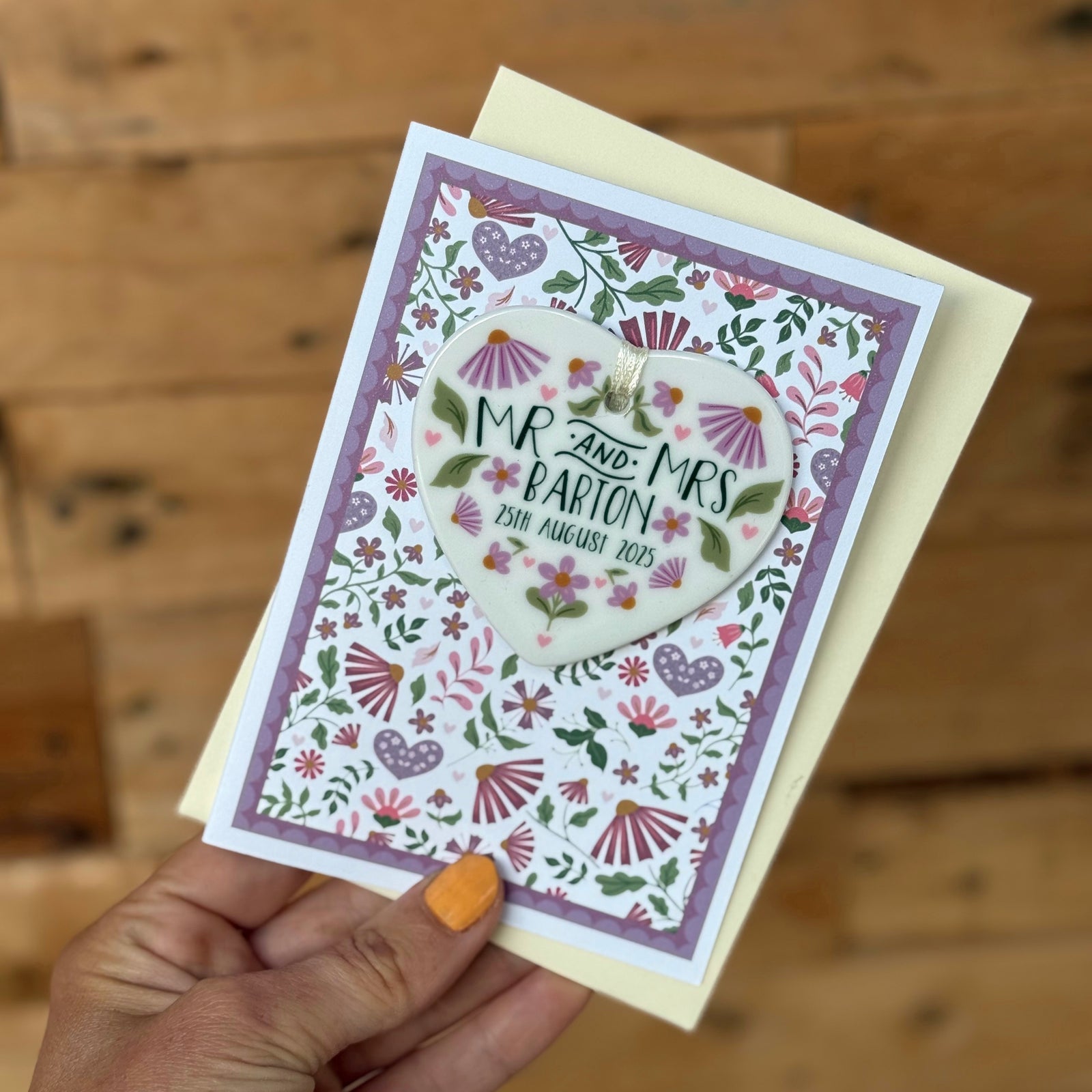 Luxury Purples Folksy Wedding Card With Ceramic Heart Keepsake