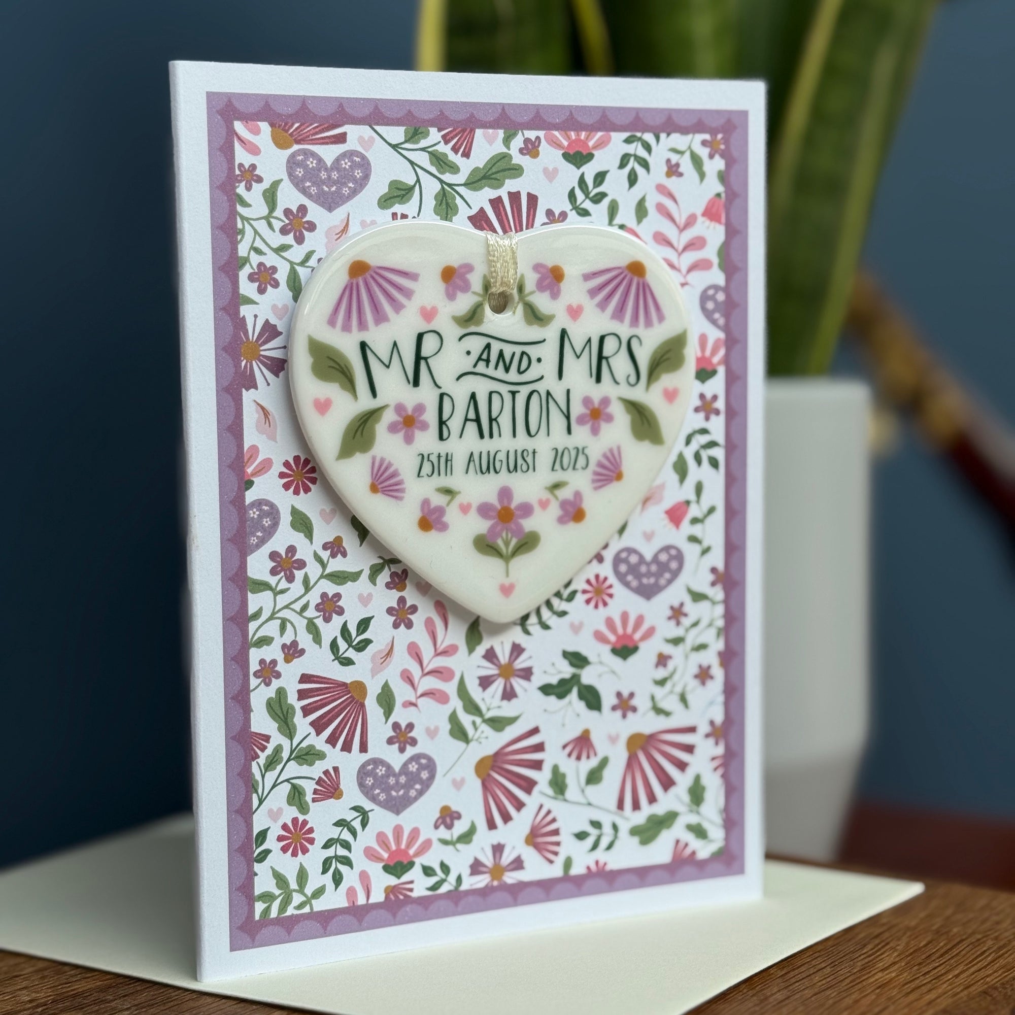Luxury Purples Folksy Wedding Card With Ceramic Heart Keepsake