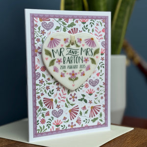 Luxury Purples Folksy Wedding Card With Ceramic Heart Keepsake