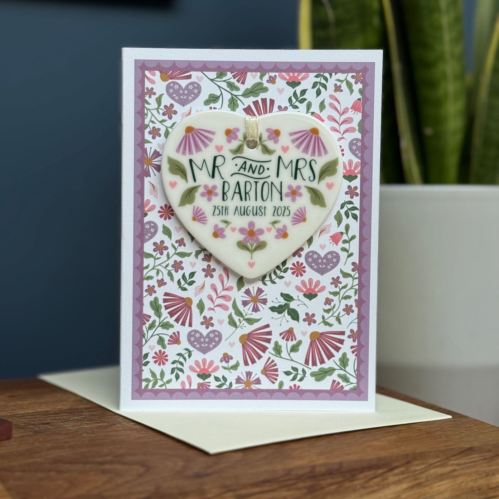 Luxury Purples Folksy Wedding Card With Ceramic Heart Keepsake