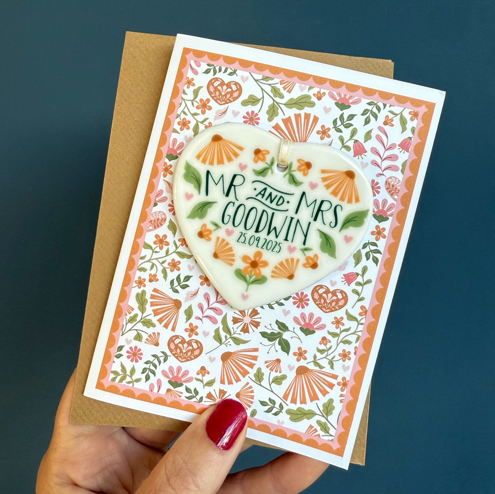 Orange Wedding Card with Ceramic Heart Keepsake in Burnt Orange & Sage Floral Design
