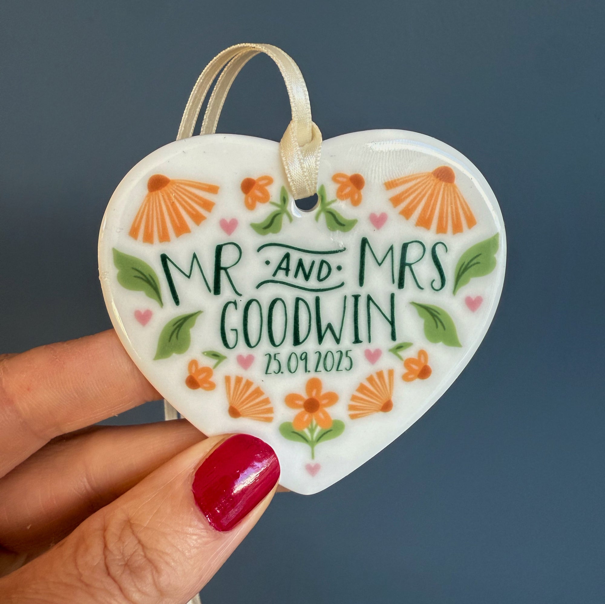 Orange Wedding Card with Ceramic Heart Keepsake in Burnt Orange & Sage Floral Design