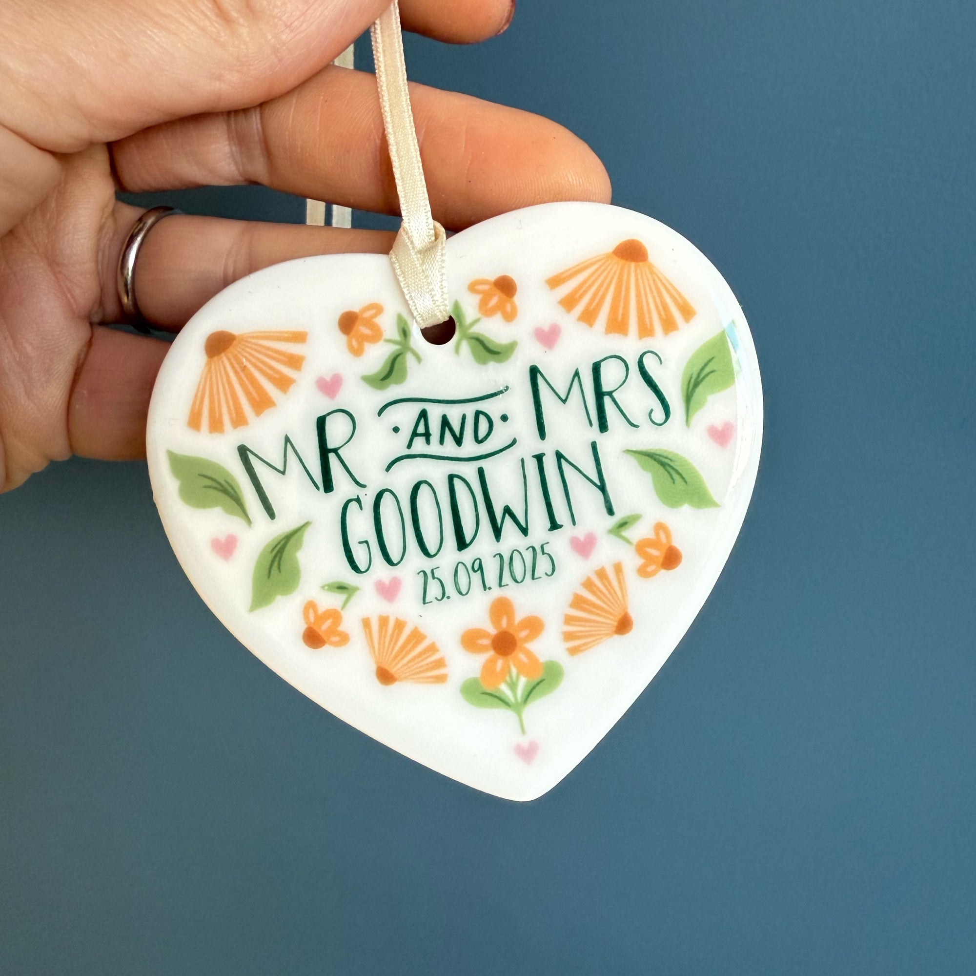 Orange Wedding Card with Ceramic Heart Keepsake in Burnt Orange & Sage Floral Design
