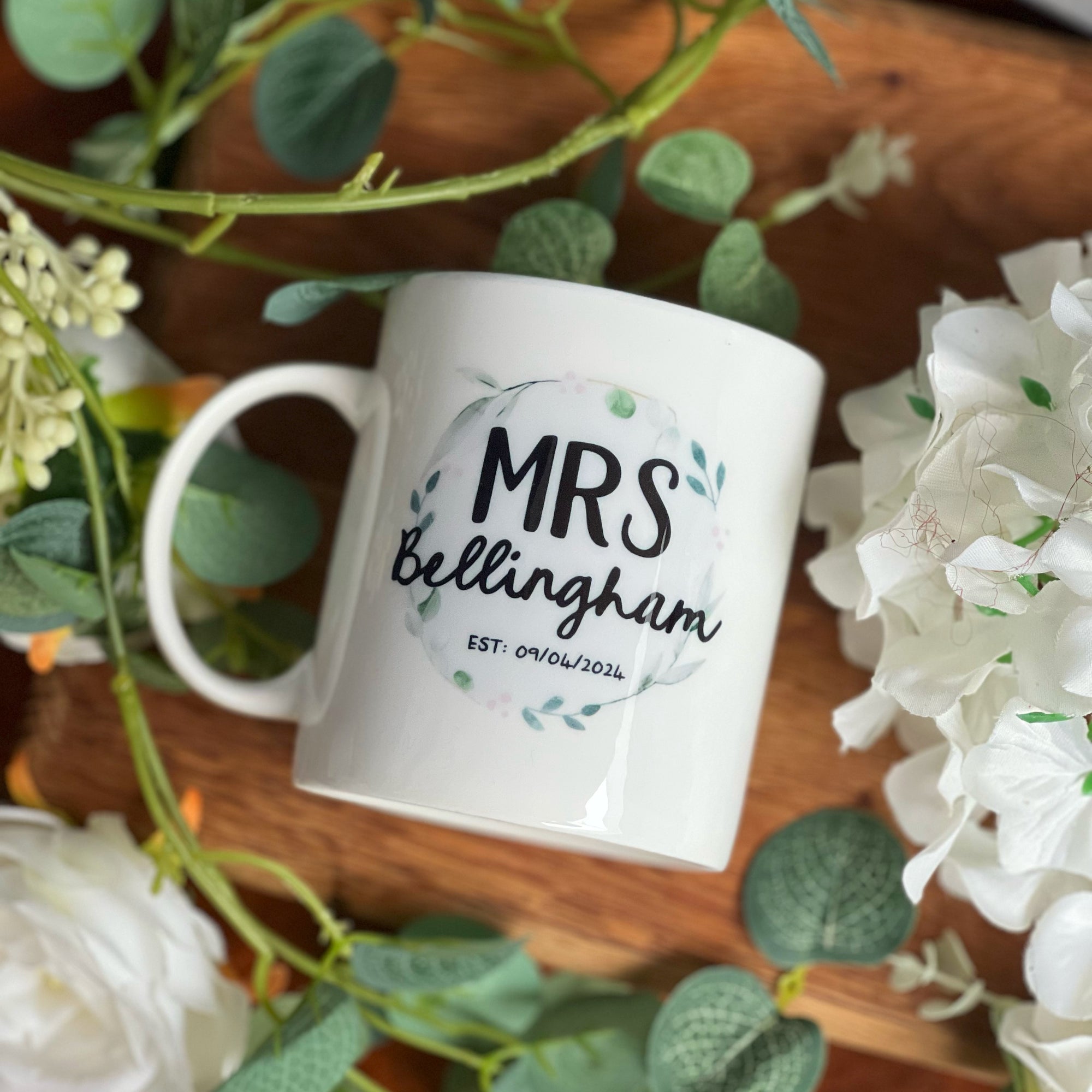 Couples Wedding Bone China Mug Set with Watercolour foliage artwork