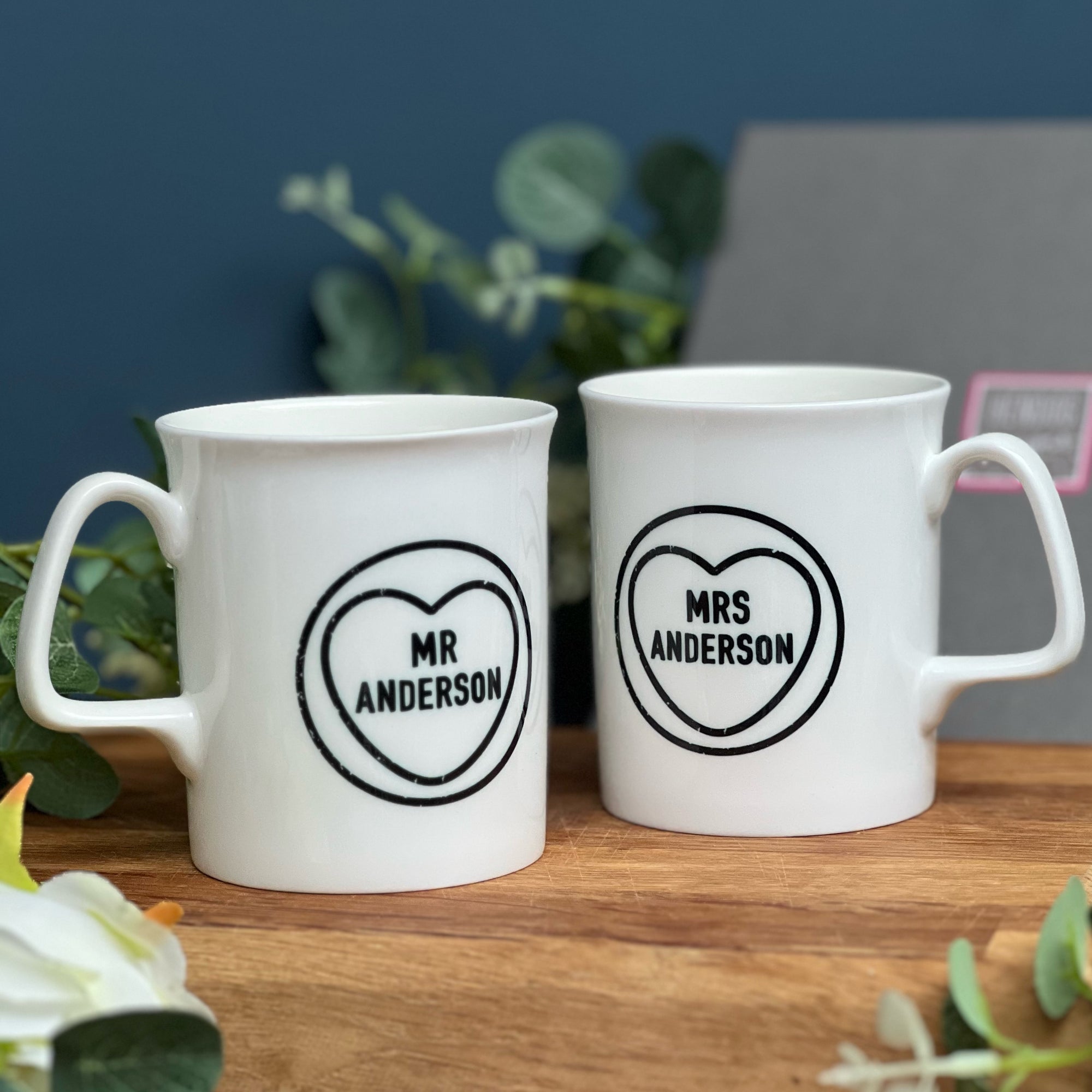 Couples Wedding Bone China Mug Set with monochrome Love Heart Design