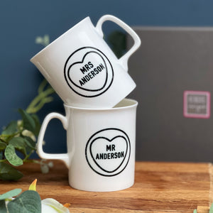 Couples Wedding Bone China Mug Set with monochrome Love Heart Design