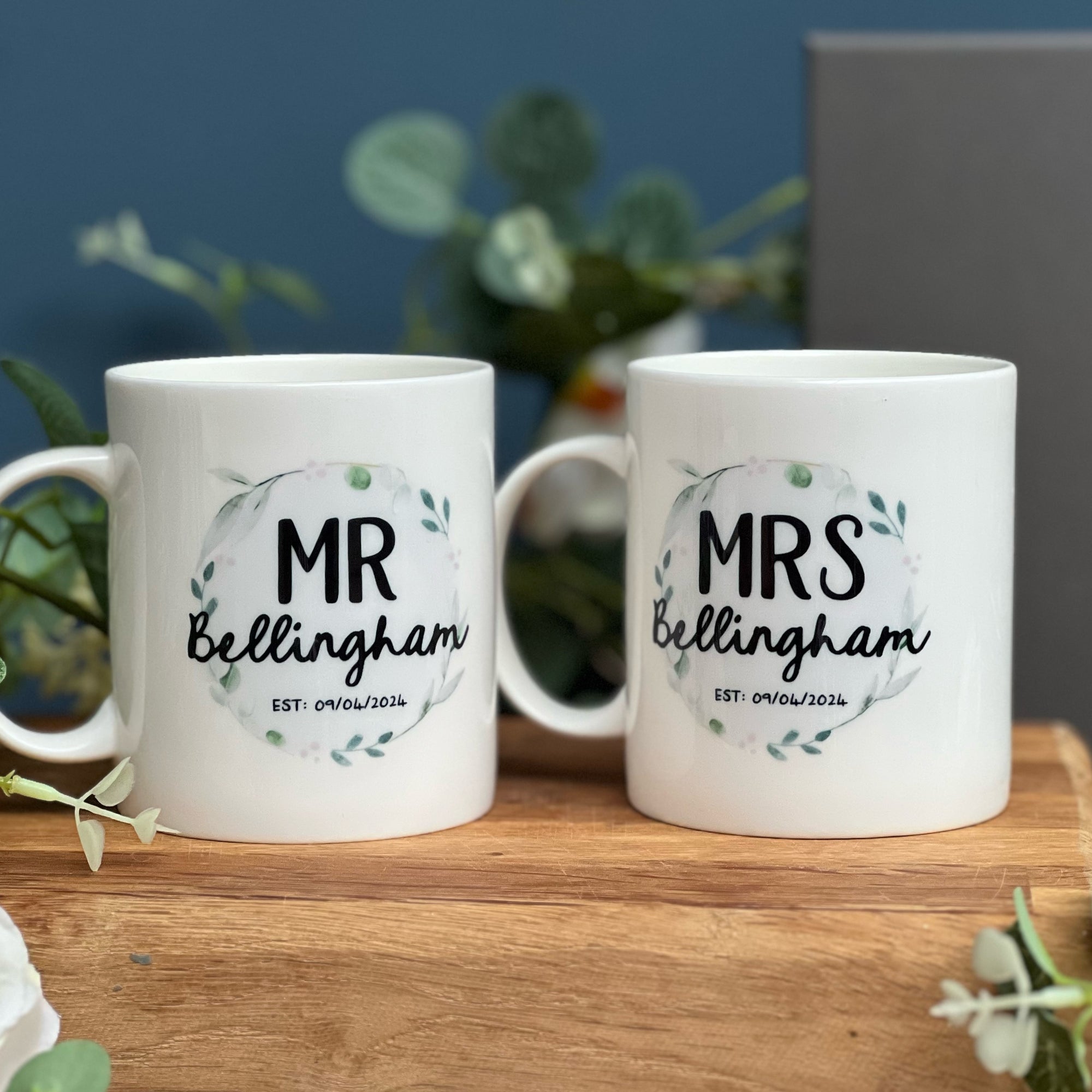 Couples Wedding Bone China Mug Set with Watercolour foliage artwork