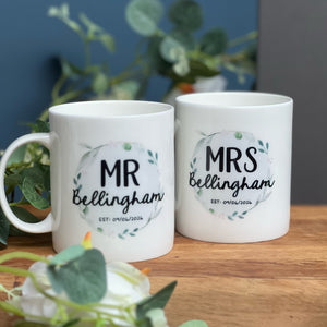 Couples Wedding Bone China Mug Set with Watercolour foliage artwork