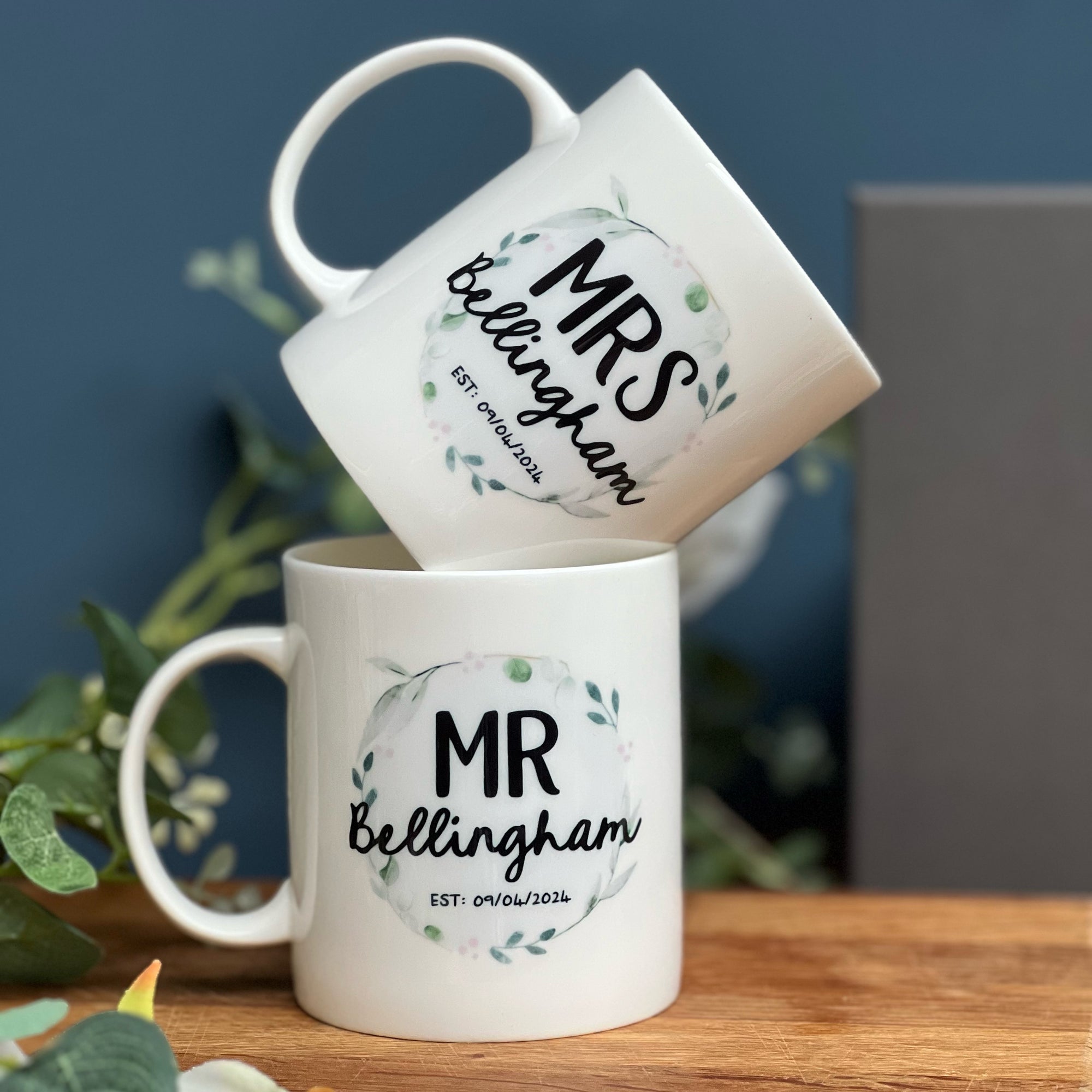 Couples Wedding Bone China Mug Set with Watercolour foliage artwork