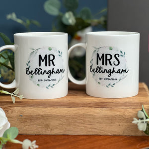 Couples Wedding Bone China Mug Set with Watercolour foliage artwork