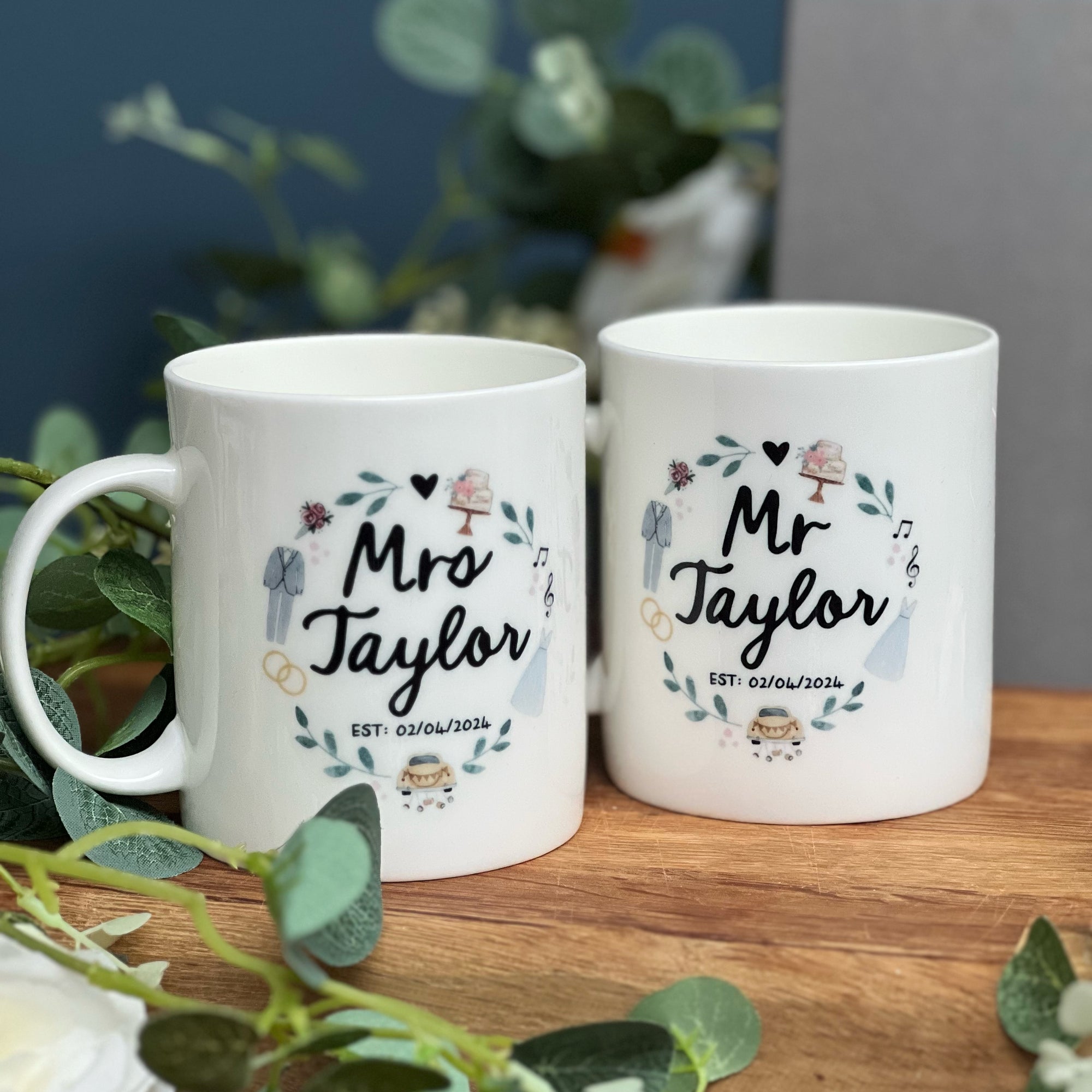 Couples Wedding Bone China Mug Set with Watercolour illustrations