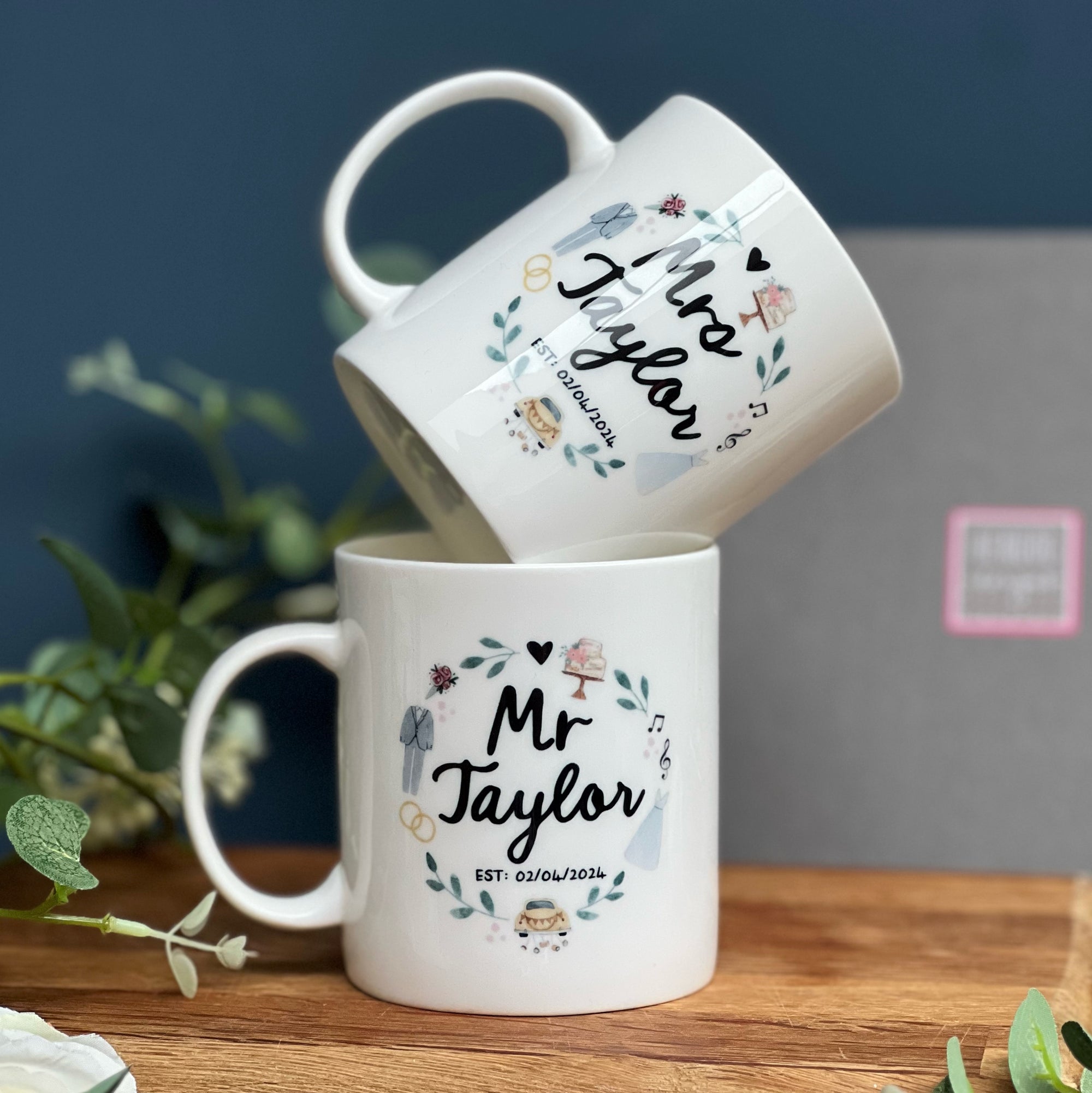 Couples Wedding Bone China Mug Set with Watercolour illustrations