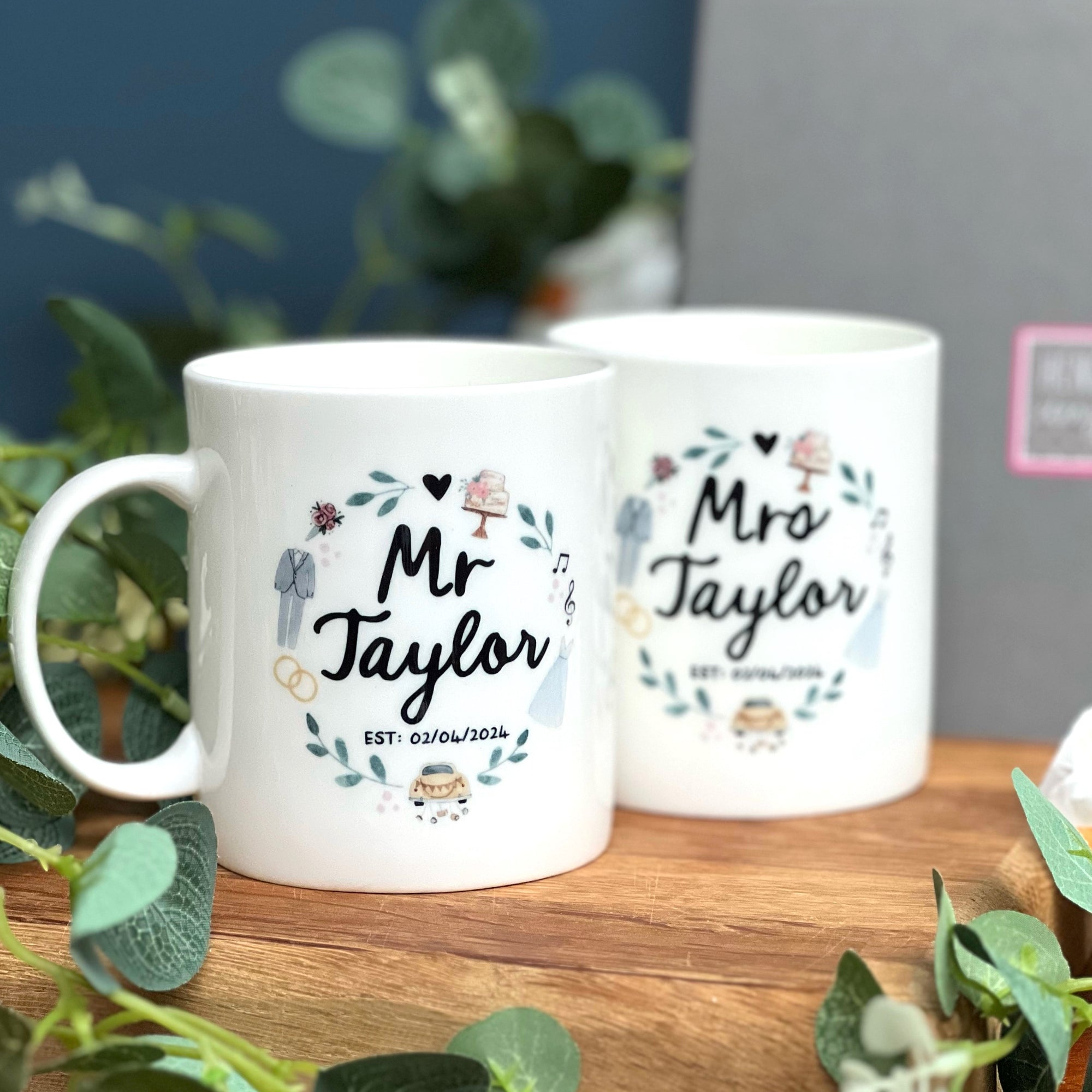 Couples Wedding Bone China Mug Set with Watercolour illustrations