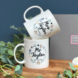 Couples Wedding Bone China Mug Set with Watercolour illustrations