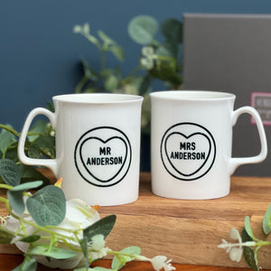 Couples Wedding Bone China Mug Set with monochrome Love Heart Design