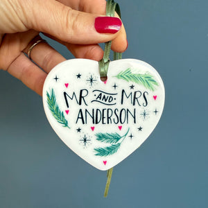 Personalised Winter Wedding or Anniversary Card with Ceramic Heart Keepsake