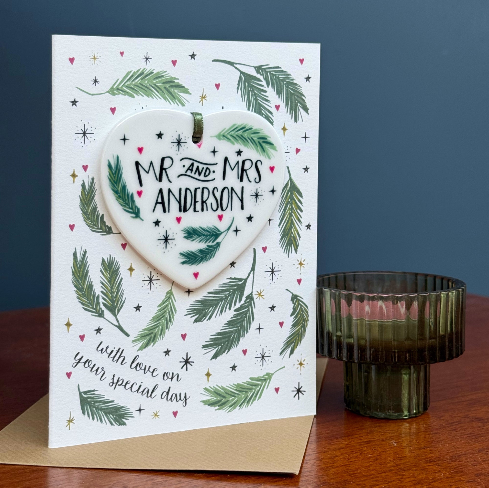 Personalised Winter Wedding or Anniversary Card with Ceramic Heart Keepsake