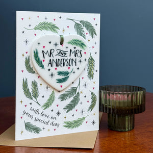 Personalised Winter Wedding or Anniversary Card with Ceramic Heart Keepsake