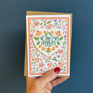 Orange Wedding Card with Ceramic Heart Keepsake in Burnt Orange & Sage Floral Design