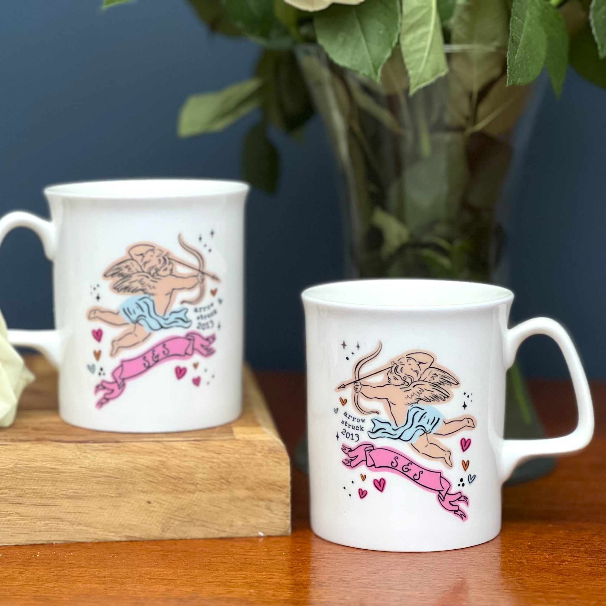 Bone China Couple's Mug Set with Cupid Design