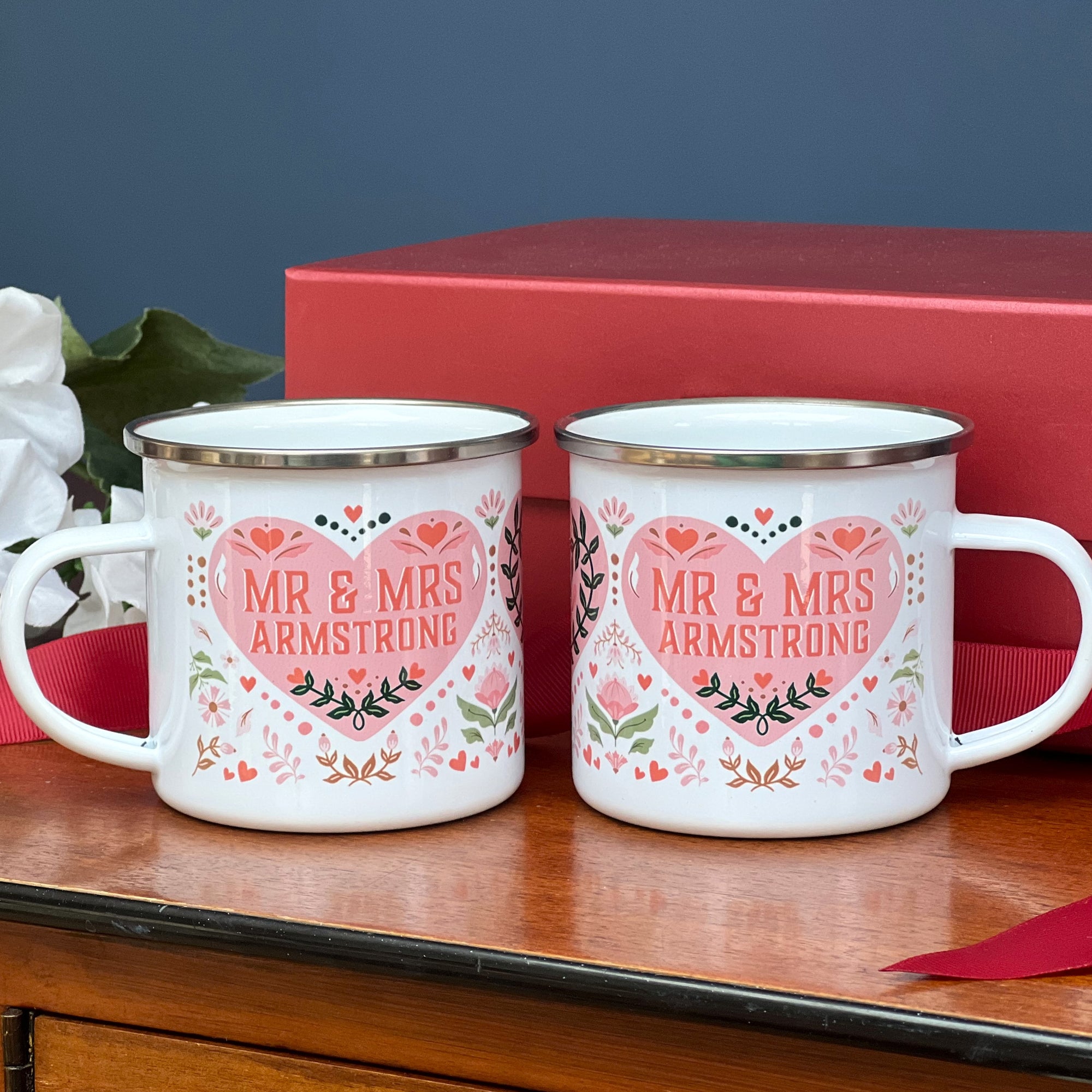 Pair Of Red And Pink Enamel Mugs For Couple